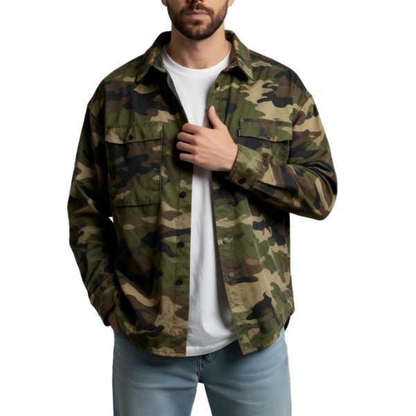Camouflage Print Oversized Long-Sleeve Button-Down Shirt