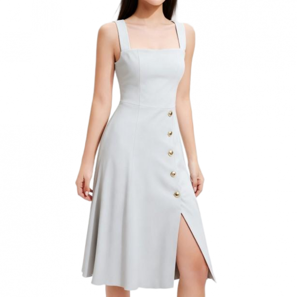 Light Gray Sleeveless Square Neck Midi Dress with Gold Button Detail & Side Slit