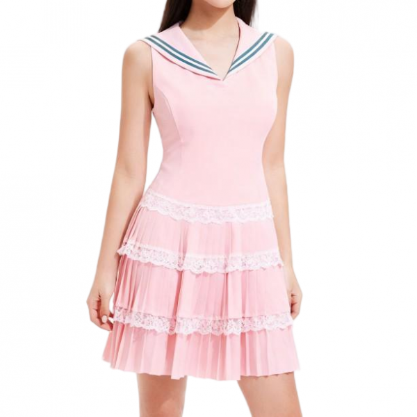 Pink Sleeveless Sailor Collar Pleated Mini Dress with Lace Trim