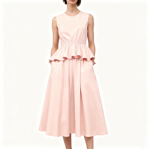 Blush Pink Sleeveless Midi Dress with Ruffled Peplum