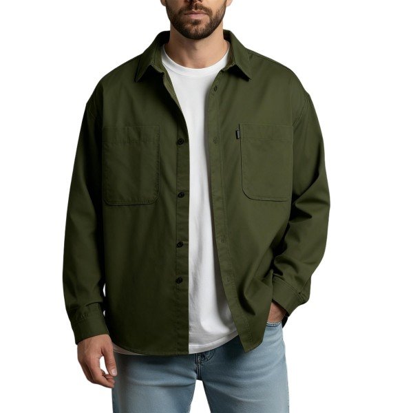 Olive Green Oversized Long-Sleeve Button-Down Shirt with Dual Chest Pockets