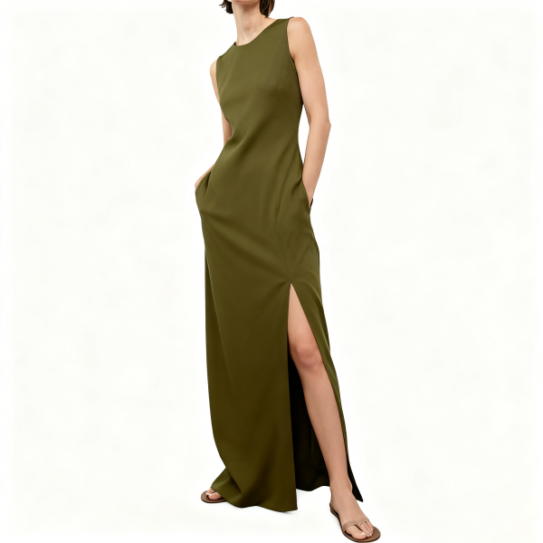 Olive Green Sleeveless Maxi Dress with Side Slit