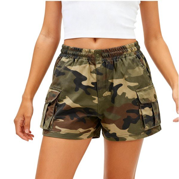 Camouflage Print Cargo Shorts with Elastic Waist & Side Pockets